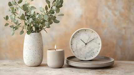Serene home decor: eucalyptus, candle, and clock create a calming atmosphere.