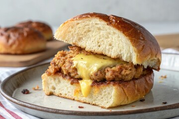 Brioche bun slice with melted butter and chicken burger topping, indulgent, comfort food, brioche bun, chickenburger