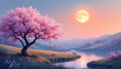 Peaceful Pink Cherry Blossom Tree Moonlit River Landscape