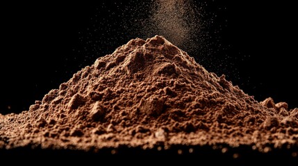 Cocoa powder pile falling dark background food