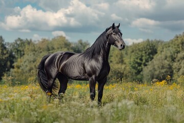 Fototapeta premium Black Stallion in Summer Meadow Landscape Photography