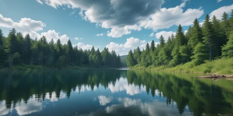 Obraz premium Calm lake with a blue water surface reflected in trees on the horizon amidst green forest foliage under cloudy sky and blue sky background, calm waters, forest landscape