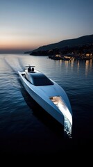 Sleek Modern Yacht Cruising at Dusk Over Calm Waters