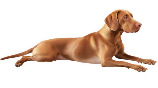 sleek. elegant dog lying on a white background. showcasing its smooth coat and attentive expression this portrayal emphasizes the dog's physical attributes and demeanor. making it suitable for pet-rel
