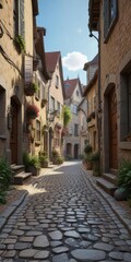Fototapeta premium Charming cobblestone street in a quaint European village, historic, vlog