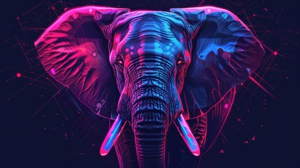 A neon elephant with glowing skin and sharp eyes, surrounded by geometric patterns and abstract shapes in bold pop art style on a black digital canvas.