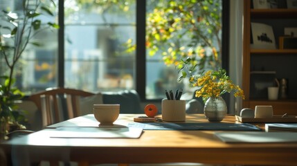 Serene Sunlight Illuminates a Cozy Workspace, featuring a wooden table, a bowl, flowers, and a view of lush greenery beyond a large window.