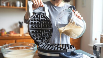 A person pours batter into a waffle maker, preparing delicious waffles in a cozy kitchen. The scene captures the joy of cooking and the anticipation of a tasty breakfast treat.