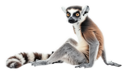 lemur sitting in a relaxed pose. showcasing its distinctive features such as large eyes and a bushy tail the background is plain white. emphasizing the animal's unique appearance and characteristics t