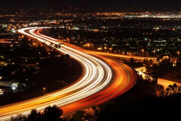 Night highway lights, city backdrop, long exposure, transportation