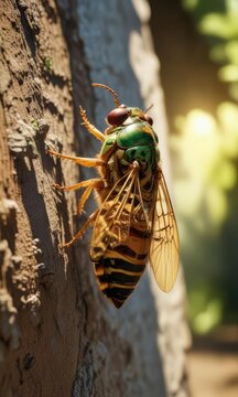 Cicada Cicadetta pellosoma in the summer sunlight , outdoor lighting, insect biology