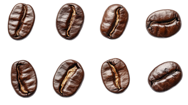 top-down view of several dark roasted coffee beans arranged in a grid pattern on a white background. highlighting their rich color and texture this visual emphasizes the appeal of coffee. suitable for - Powered by Adobe