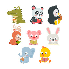 Set of cute baby animal reading book collection, Cartoon funny characters holding open books, smart crocodile, panda, penguin, deer, pig, rabbit, elephant, chick. Children educational illustration