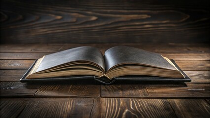 Close-up of a black leather book lying open on a dark wooden table, black background, dark wood