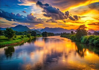Fototapeta premium Nan River Silhouette, Northern Thailand: Stunning Sunset Photography, Nan Province Landscape