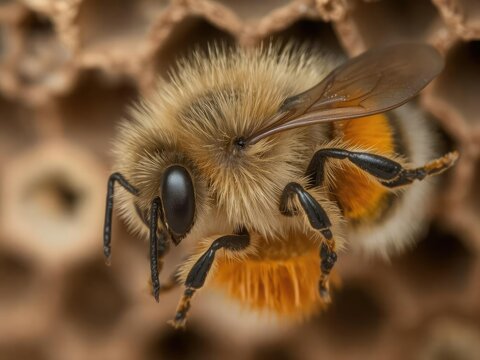 Close-up macro photograph of osmia rufa bee in a bee house, showcasing intricate details of its fuzzy body and vibrant colors, fuzzy body, vibrant colors, wildlife