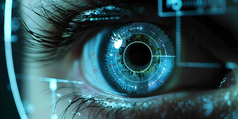 Close-up of futuristic eye with holographic interface, Technology vision concept