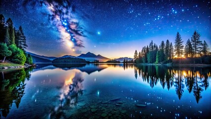 Fototapeta premium Night Photography of a Serene Lake: Capturing the Reflections and Calmness of Water Surfaces Under Starry Skies