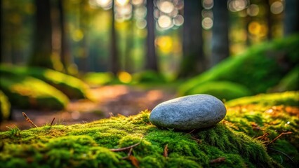 Close-up of a single grey stone sitting on a moss-covered forest floor, botanical, stones