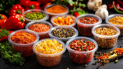 Fototapeta premium Plastic Deli Containers with Spices and Vegetables in Warm Sunlight
