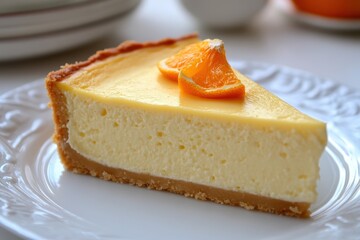 Creamy cheesecake slice, topped with orange. Perfect for dessert menus, food blogs, and recipes.