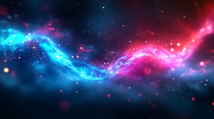 Abstract swirling blue and pink particles on dark background.