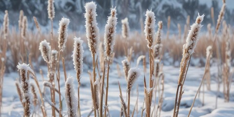 Close-up of frozen broadleaf cattails covered in snow, winter, icy, broadleaf, frozen, cold