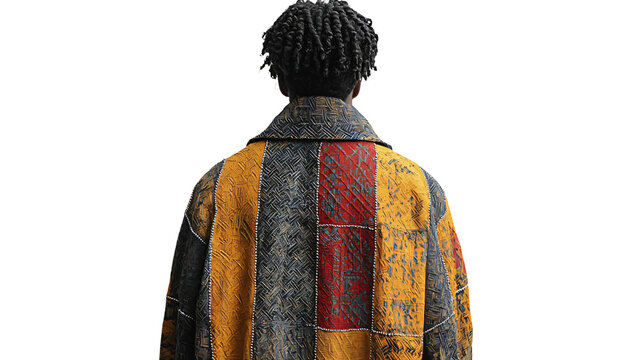 A person wearing a colorful patchwork coat, viewed from behind, showcasing unique textile design.