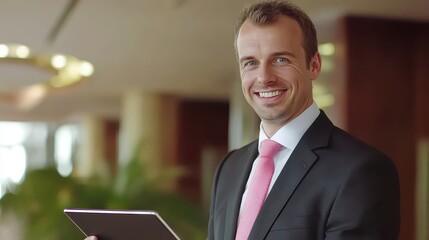 Fototapeta premium Smiling businessman holding tablet in hotel lobby