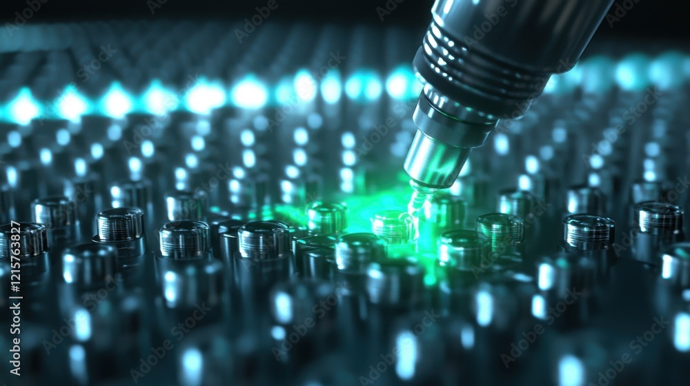 Poster close-up view of precision laser technology process on modern circuit board with bright green light 