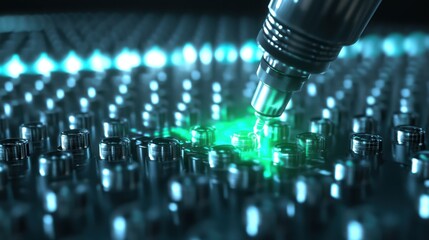 Close-Up View of Precision Laser Technology Process on Modern Circuit Board with Bright Green Light Emitting Amidst Metallic Components in an Industrial Setting