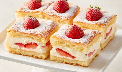 Whipped cream and fresh strawberries. Each piece of cake has the perfect combination of cream and strawberries, Generative AI