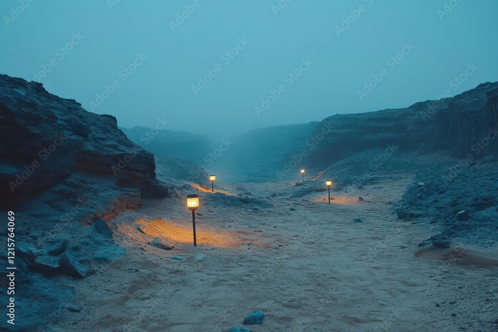 Poster serene landscape at dusk with mysterious fog and illuminated pathway in rocky terrain, creating an e