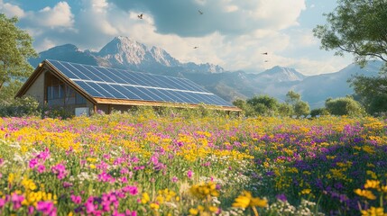 A solar farm surrounded by blooming wildflowers and vibrant wildlife, showcasing coexistence of nature and renewable energy innovation.