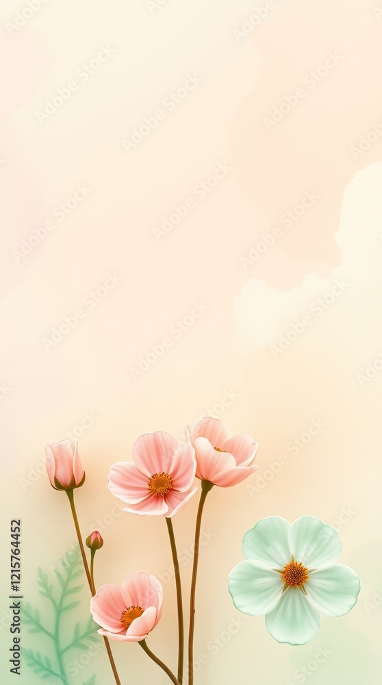 Poster soft watercolor spring background featuring delicate flowers in pastel colors with ample copy space 