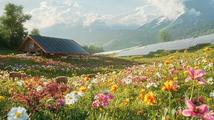 A solar farm surrounded by blooming wildflowers and vibrant wildlife, showcasing coexistence of nature and renewable energy innovation.