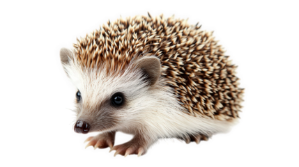 cute hedgehog with a round body covered in spines. showcasing its small size and distinctive features like a pointed snout and bright eyes the background is plain white. emphasizing the hedgehog's tex