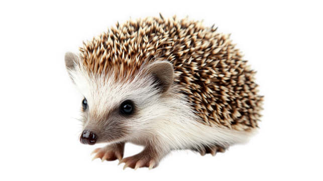 cute hedgehog with a round body covered in spines. showcasing its small size and distinctive features like a pointed snout and bright eyes the background is plain white. emphasizing the hedgehog's tex