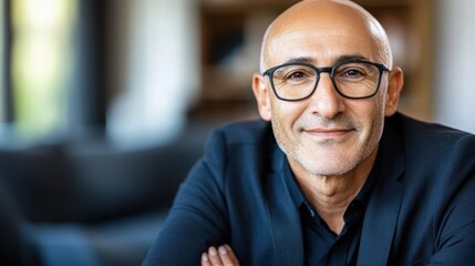 Obraz premium Confident Bald Man Wearing Glasses Smiles Kindly
