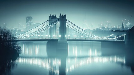 Fototapeta premium Foggy London Bridge night cityscape, reflection, travel poster