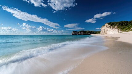 Serene Coastal Paradise: White Sands Beach and Azure Ocean under a Vibrant Sky