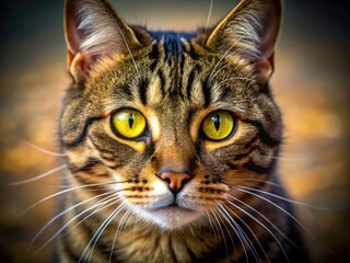 Playful Tabby Cat Close-Up Portrait, Vibrant Yellow Eyes, Fashion Photography
