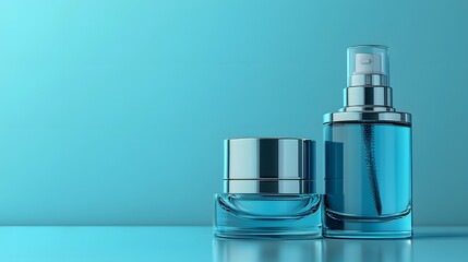Elegant Beauty Products on Minimalist Turquoise Background with Copy Space