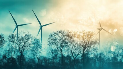 Artistic fusion of wind turbines and trees with branches generating energy, symbolic of nature and technology unity in renewable energy .