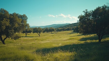 Fototapeta premium Serene Landscape: Rolling Hills, Lush Meadow, and Ancient Oaks Under a Summer Sky