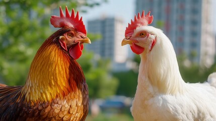 Fototapeta premium Two vibrant chickens facing each other in a lush urban park with buildings in the background