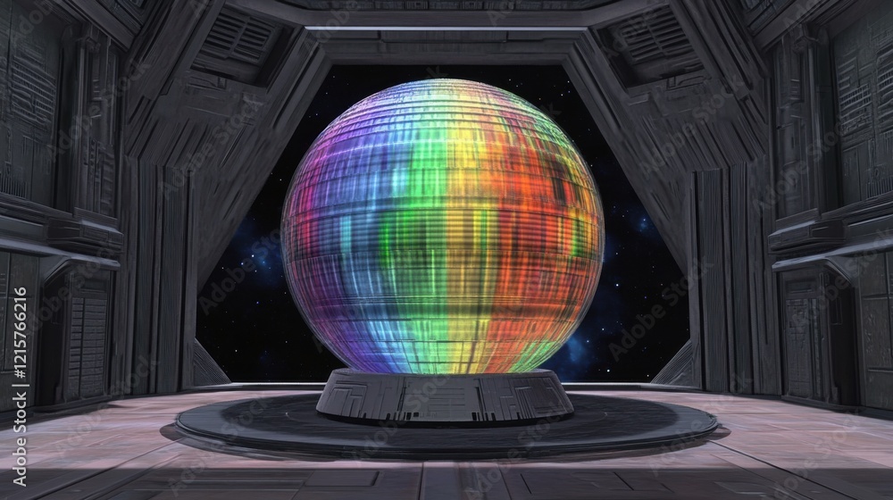 Poster futuristic 3d rainbow sphere in sci-fi room with space background and circular platform, captivating