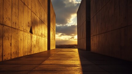An Australian war memorial at sunset, with soft light casting long shadows on the stone, symbolizing reflection and honor, landscape photography with dramatic sky 