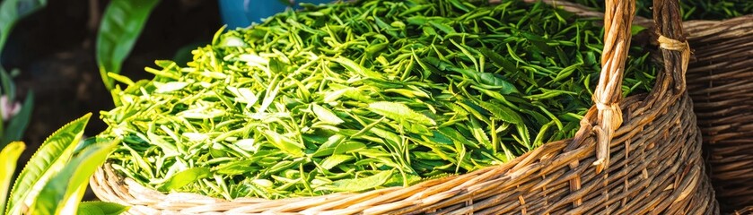 Fototapeta premium Fresh green tea leaves in a wicker basket, outdoor harvest