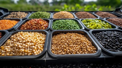 Vibrant assortment of colorful seeds displayed in trays at a market, with greenery in background